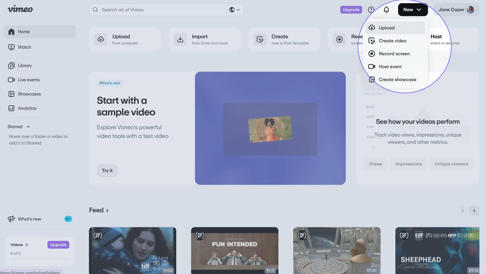 An image showing an example of the Vimeo account where you need to click on the “New video” button