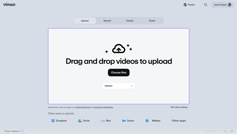 An image showing the upload page of the Vimeo platform, where you will be redirected