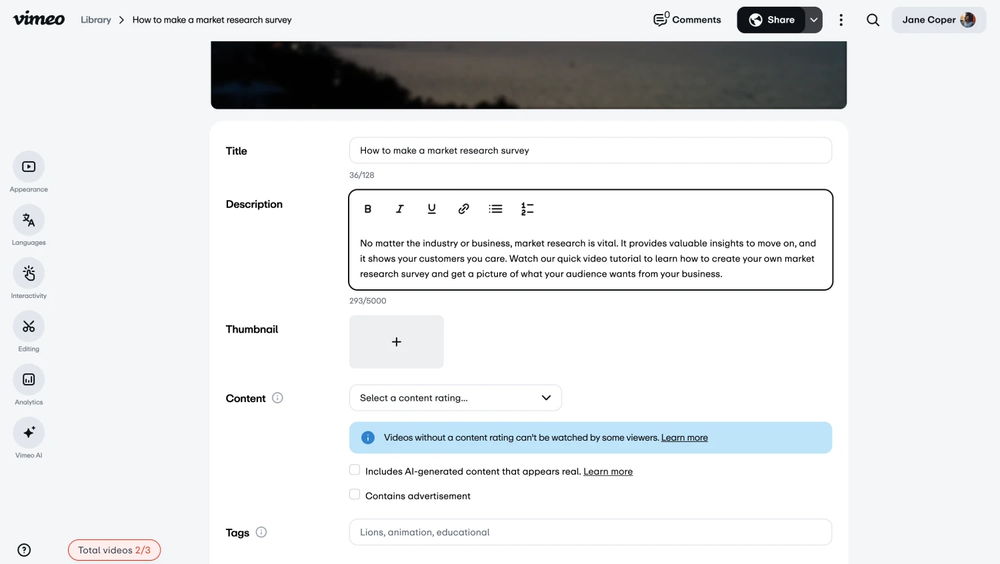 An image showing the details you will be able to adjust once you upload the preferred video file