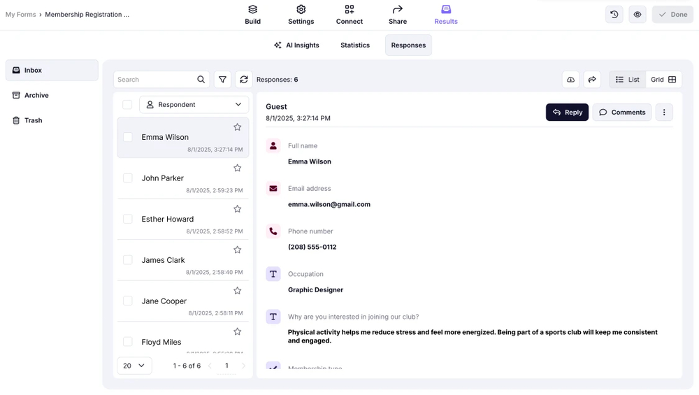 An image showing the List view type for reviewing your form responses