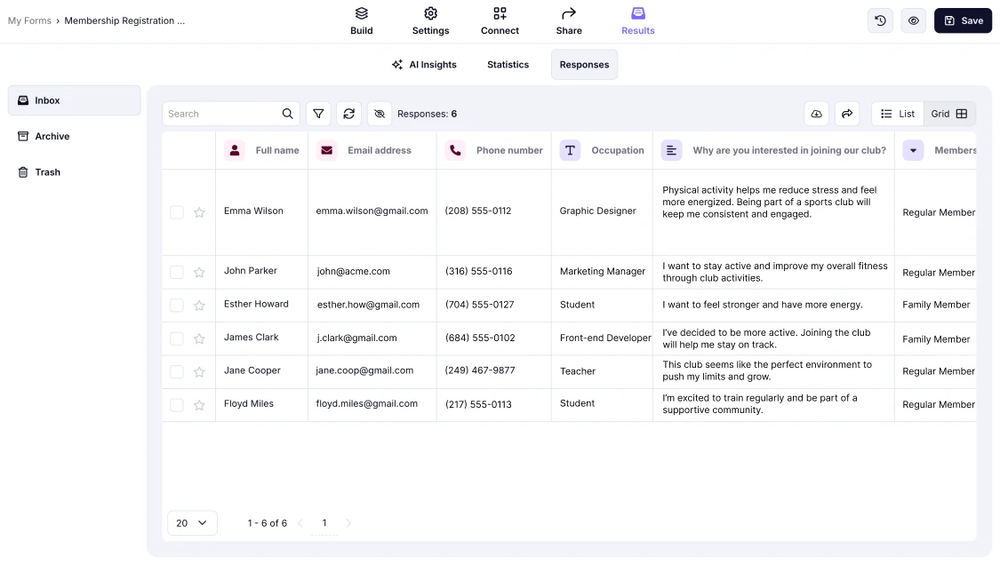 An image showing the Grid view type for reviewing your form responses