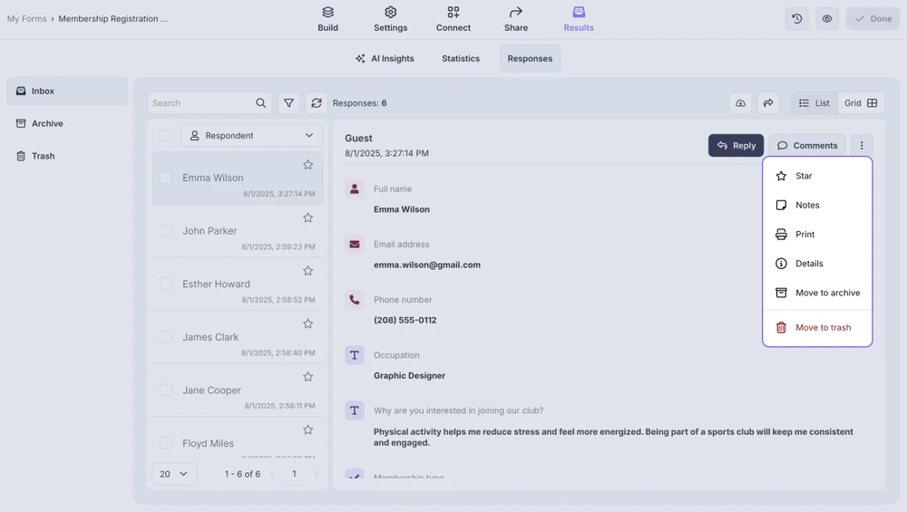 An image showing the options that can be performed with the response needed by pressing the three-dot menu in the right corner