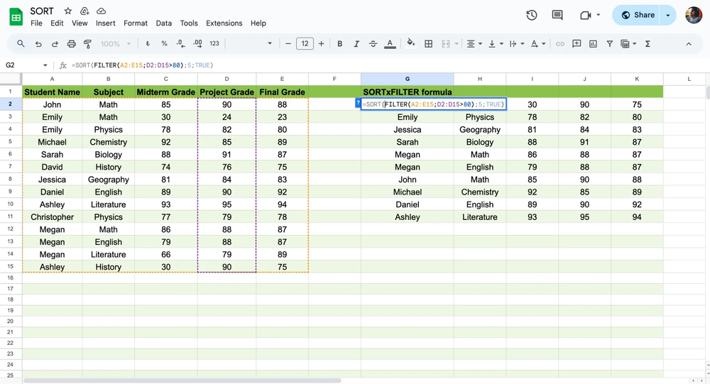 L'utilisation de la formule SORT et FILTER