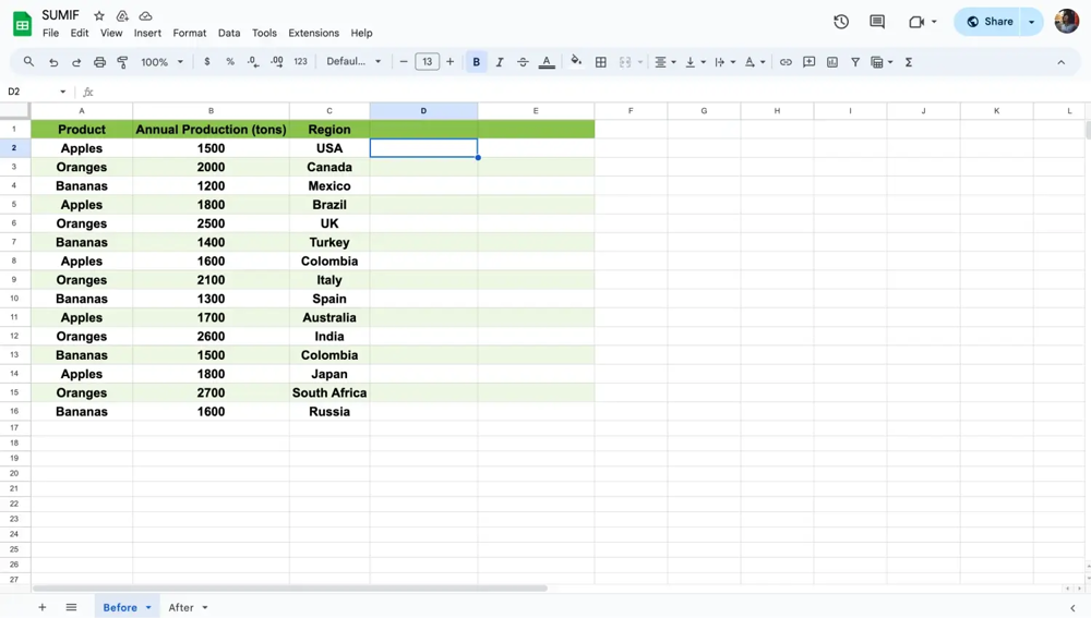 Formülü yazmak için bir hücre seçin