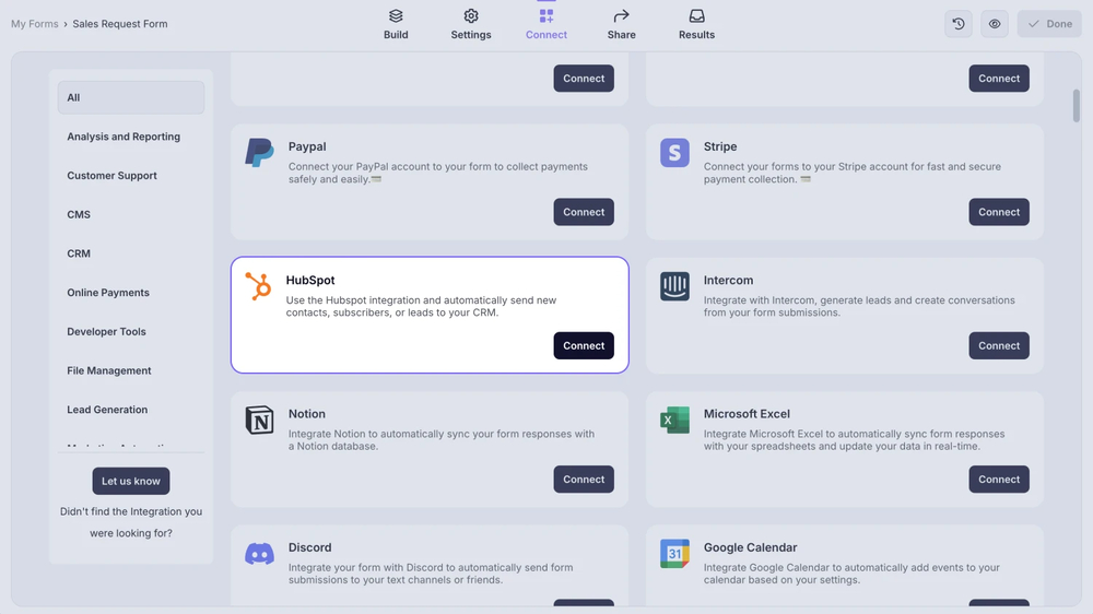 An image showing the “HubSpot integration” button, which you can easily find by accessing the “Connect” tab