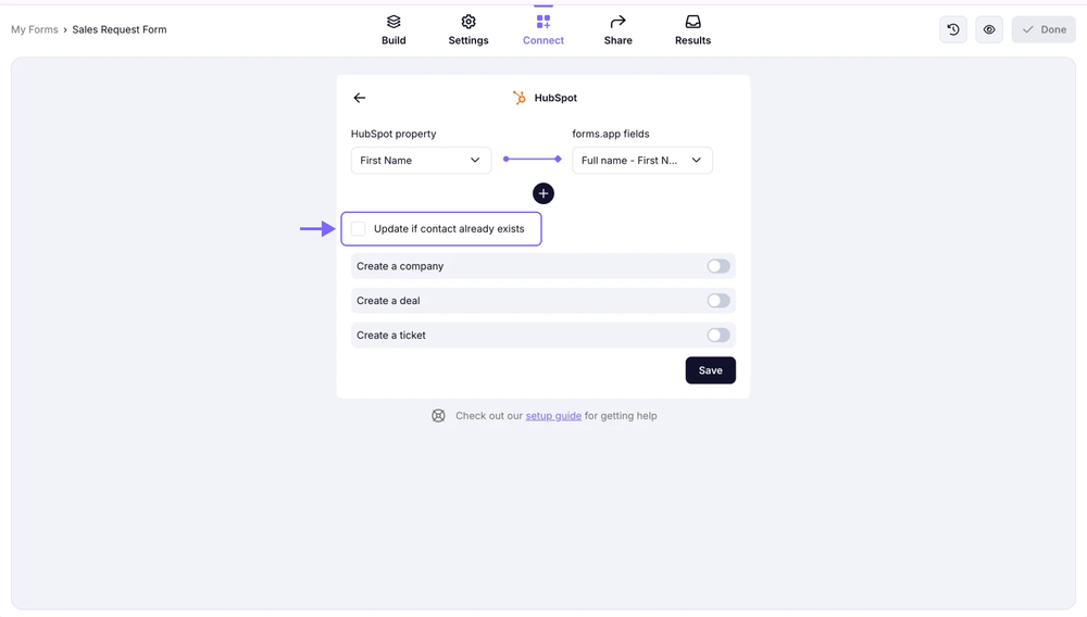 An image showing the “Update if contact already exists” checkbox, which you need to click if you want to update contacts if they have already registered