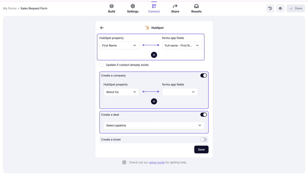 An image showing the options of creating a company and a deal if needed
