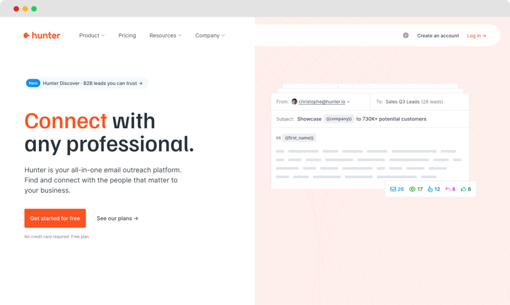 La página principal de Hunter.io