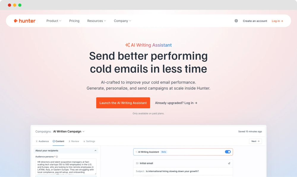 The homepage of Hunter