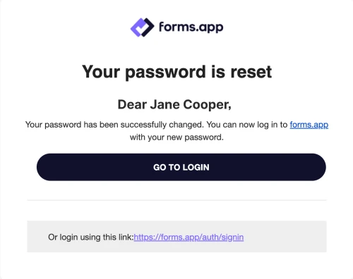 An image showing an example email message that confirms your new password