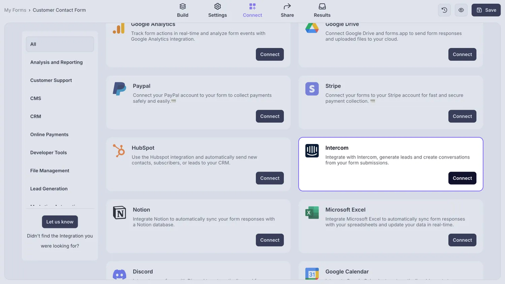 An image showing the “Intercom integration” button, which you can easily find by accessing the “Connect” tab