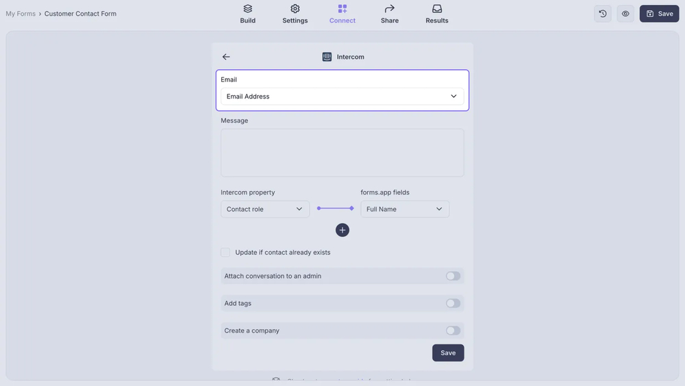 An image showing the area where you will need to match the properties of Intercom with the needed form fields