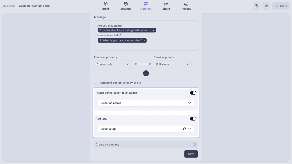 An image showing toggles below which allow you to assign conversations to a specific user, add tags to conversations, and create a company