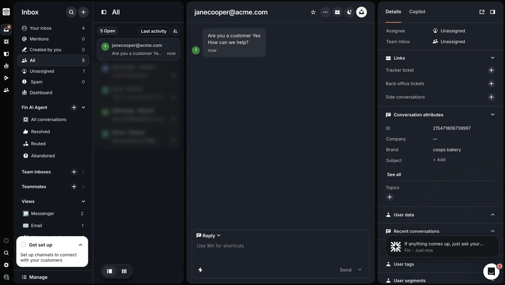 An image showing an example of the message received in the Intercom space after testing the integration