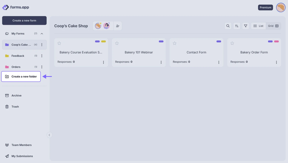 An image showing the “Create a new folder” button, which you need to click to add a new form folder