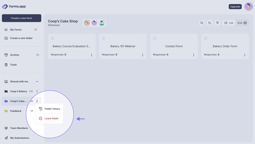 An image showing the “Leave folder” button, once you press the three-dot menu on the folder you wish to leave from the “Shared with me” panel