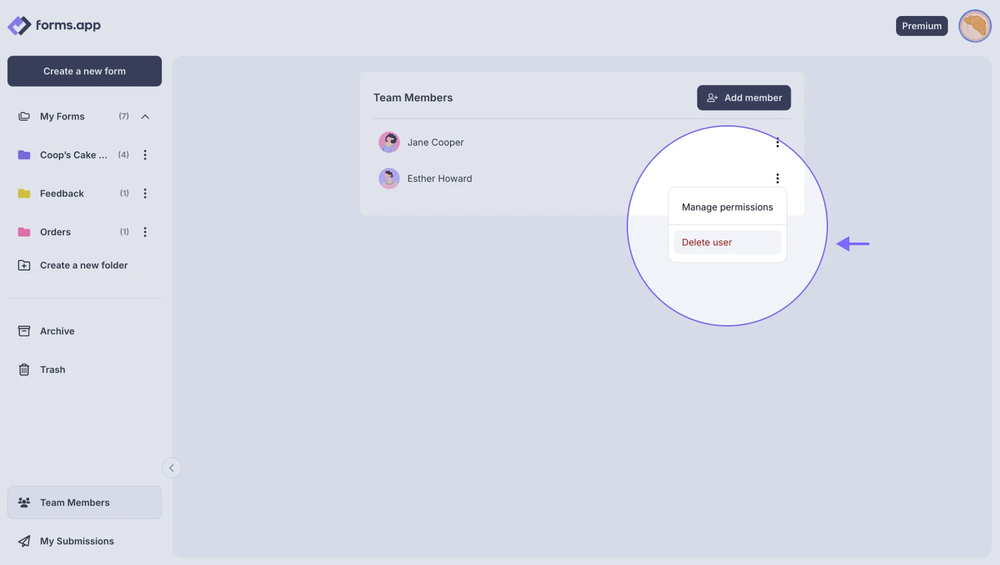 An image showing how you can delete team members by pressing the “Delete user” button from the “Team Members” panel