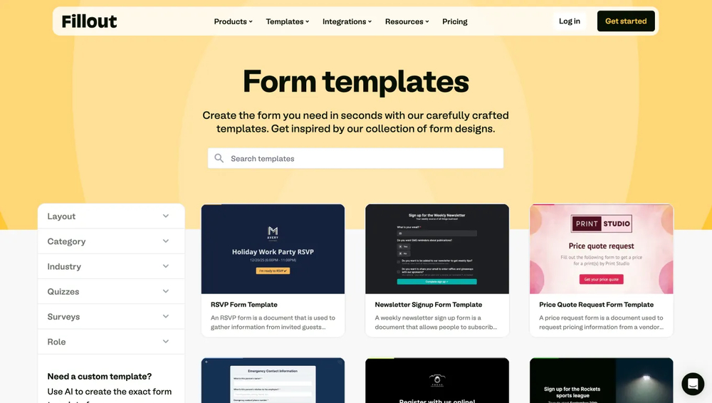 Template gallery of Fillout