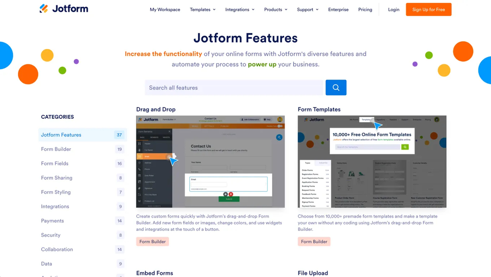 Features page of Jotform