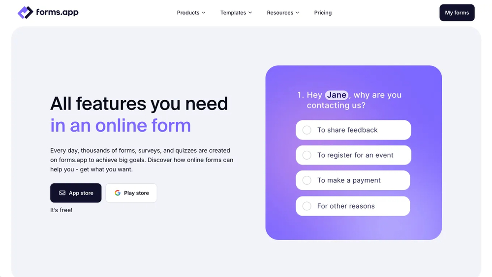 Features page of forms.app