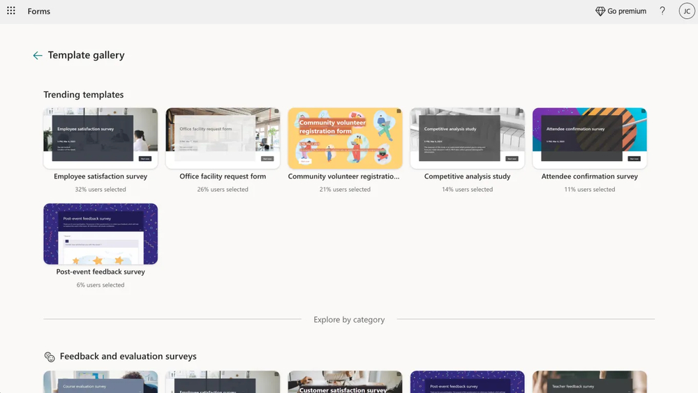 Template gallery of MS Forms