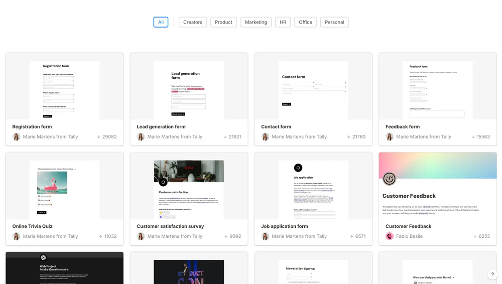 Galeria de modelos do Tally Forms