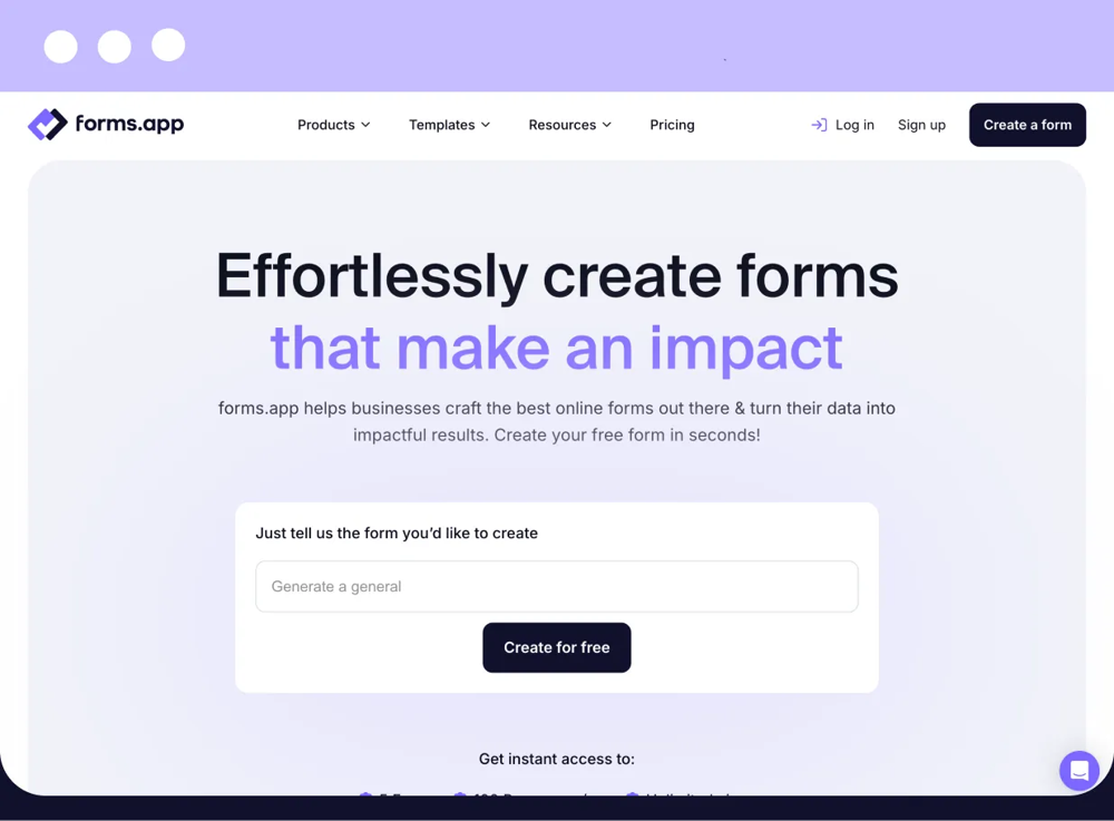 The homepage of forms.app