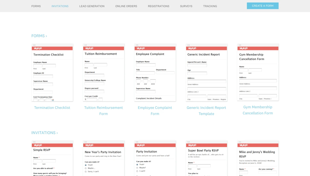 Template gallery of Wufoo