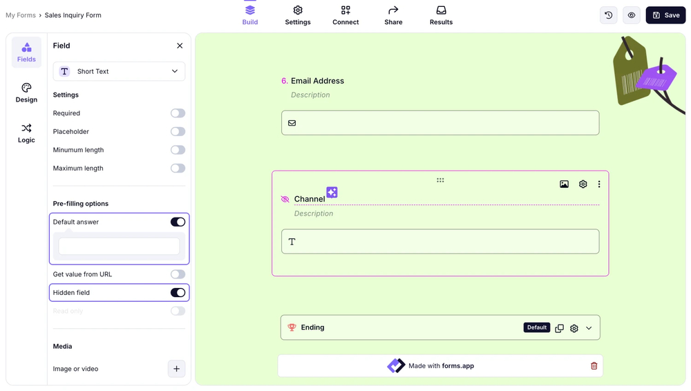 An image showing the opened field settings of the field with enabled “Default answer” and “Hidden field” options
