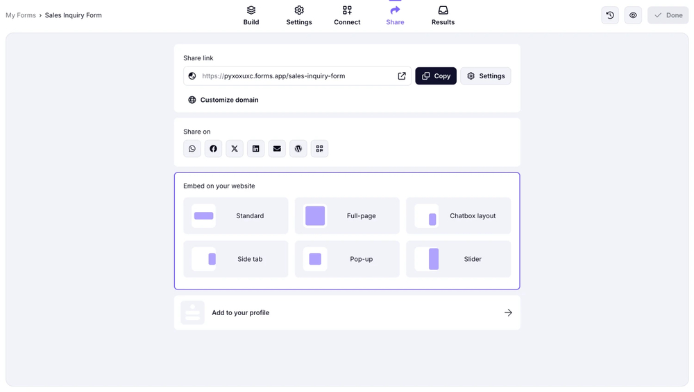 An image showing the “Share” section of the form with the embedding options we provide