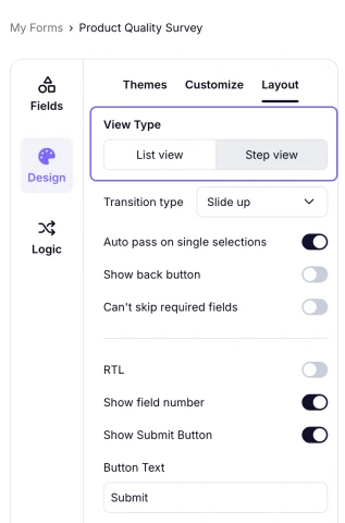 An image showing where you can change your form view by accessing the Design tab and going to the Layout section