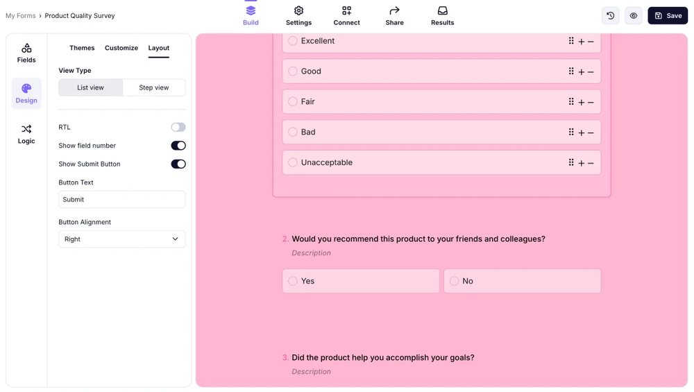 An image showing an example of the form where the List view is selected