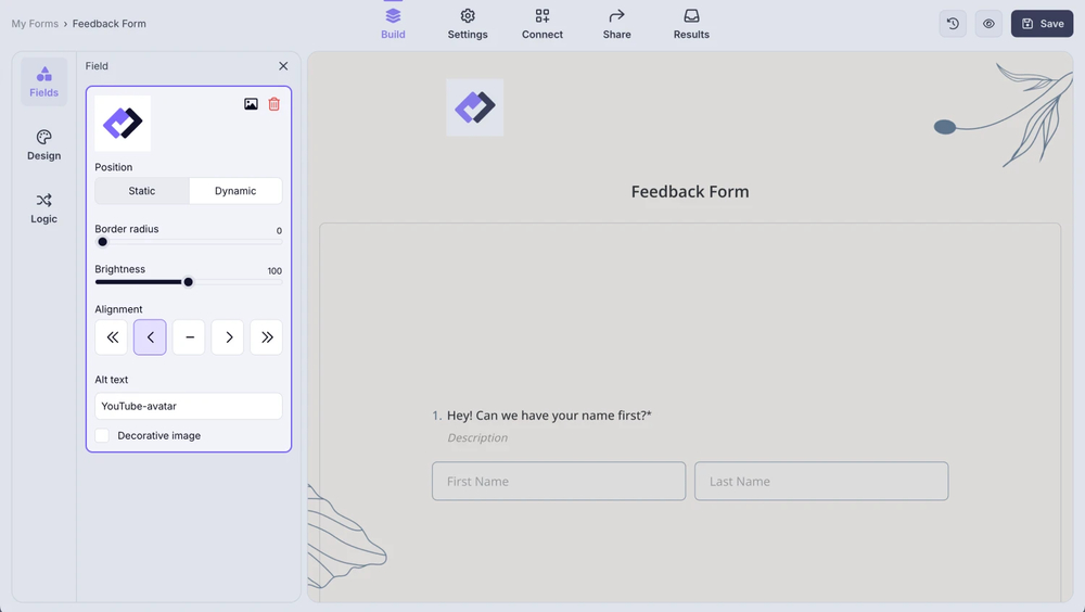 An image showing the settings of the “Logo” field that you can adjust anytime