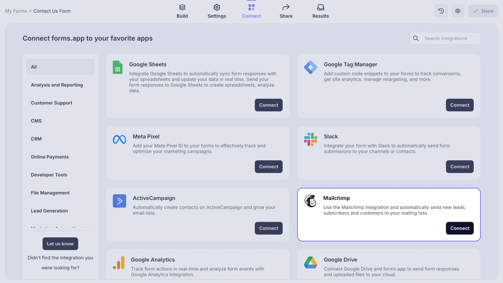 An image showing the “Mailchimp integration” button, which you can easily find by accessing the “Connect” tab