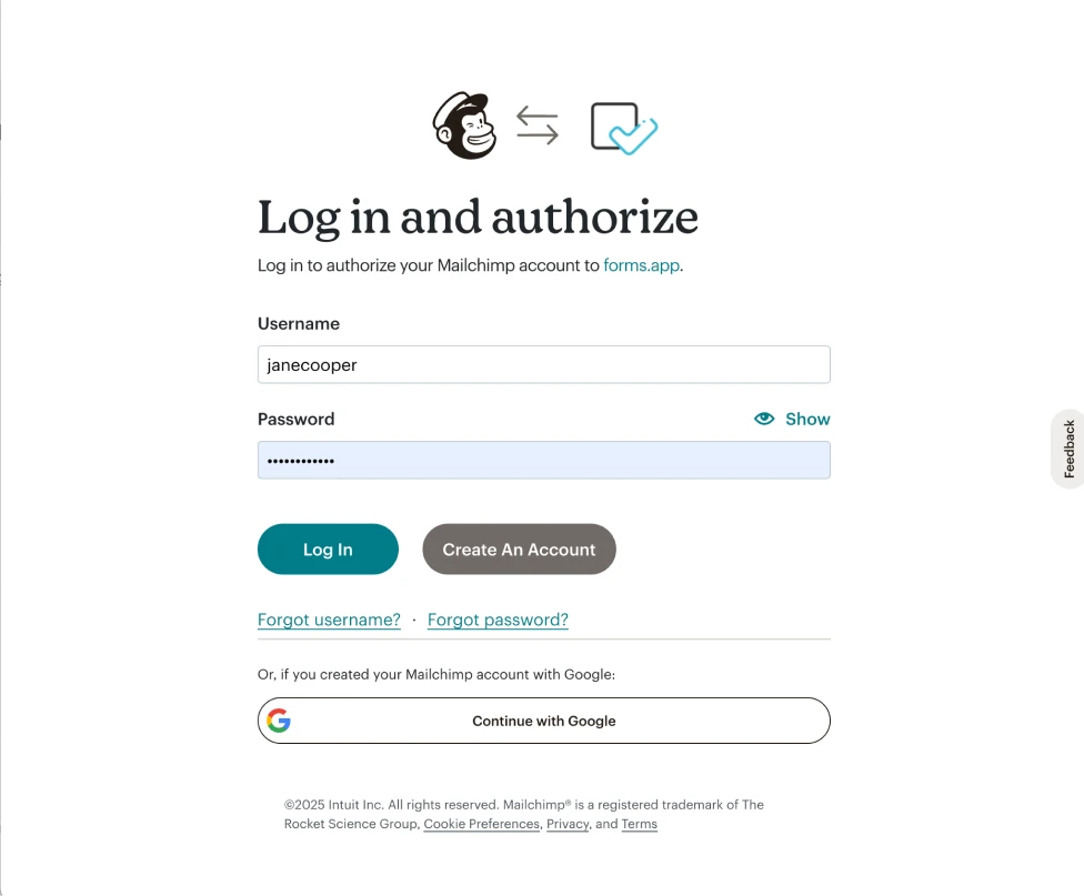 An image showing the pop-up appearing once you press the “Connect with Mailchimp” button