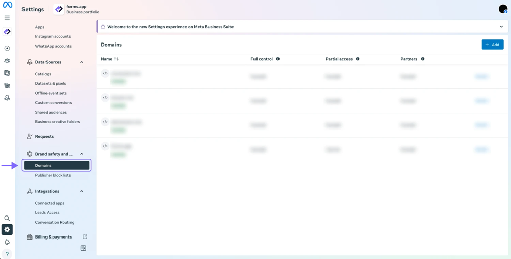 An image showing the “Meta account” interface, where you will find the “Domains” under “Brand safety and suitability” on the left settings menu