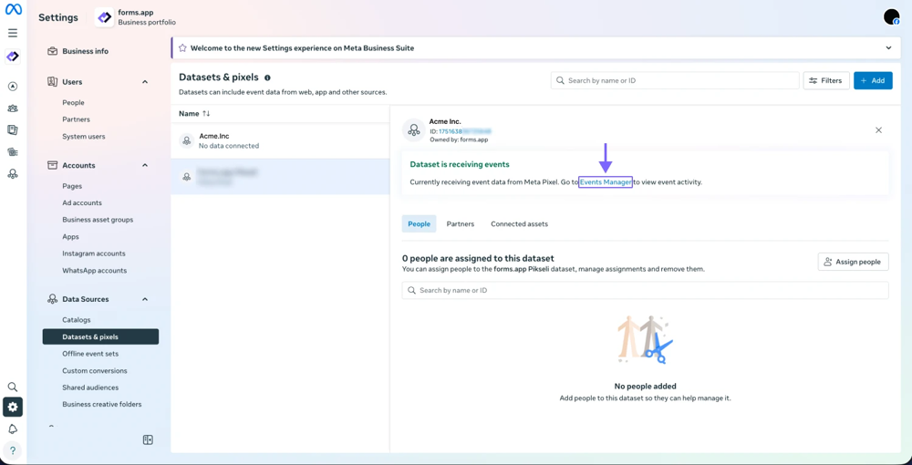 An image showing the “Events Manager” button in the “Datasets &amp; Pixels” tab, where you can open the page to check the status of your pixels