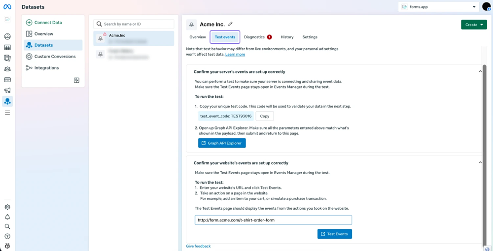 An image showing the “Test event” button that you need to click