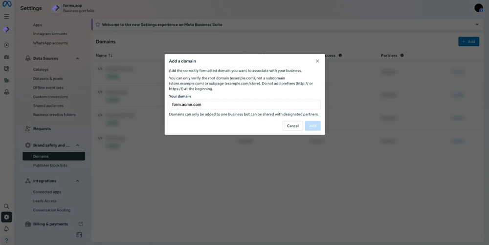 An image showing the pop-up appearing, which allows you to enter the domain name you have registered for your forms on forms.app