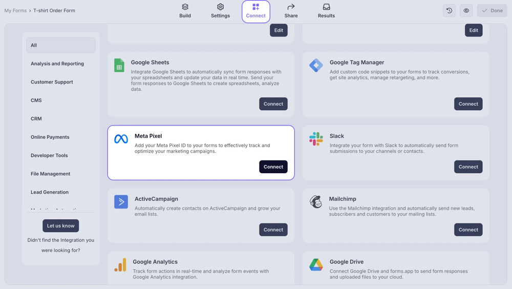 An image showing the “Meta Pixel integration” button, which you can easily find by accessing the “Connect” tab
