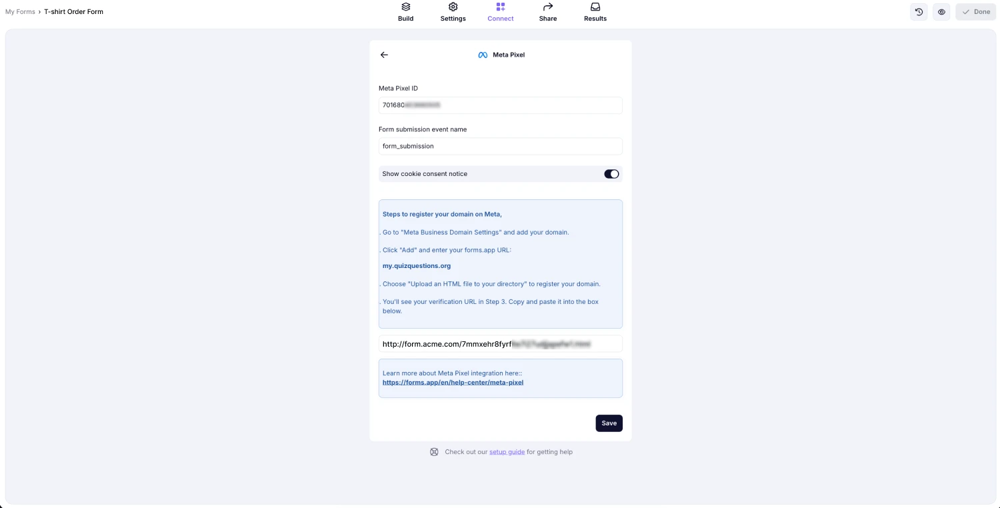 An image showing the “Connect” section in forms.app, where you can paste your “Meta Pixel ID” and enable the “Show cookie consent notice” toggle