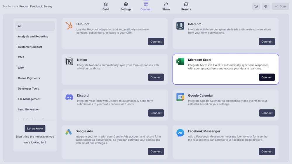 An image showing the “Microsoft Excel integration” button, which you can easily find by accessing the “Connect” tab