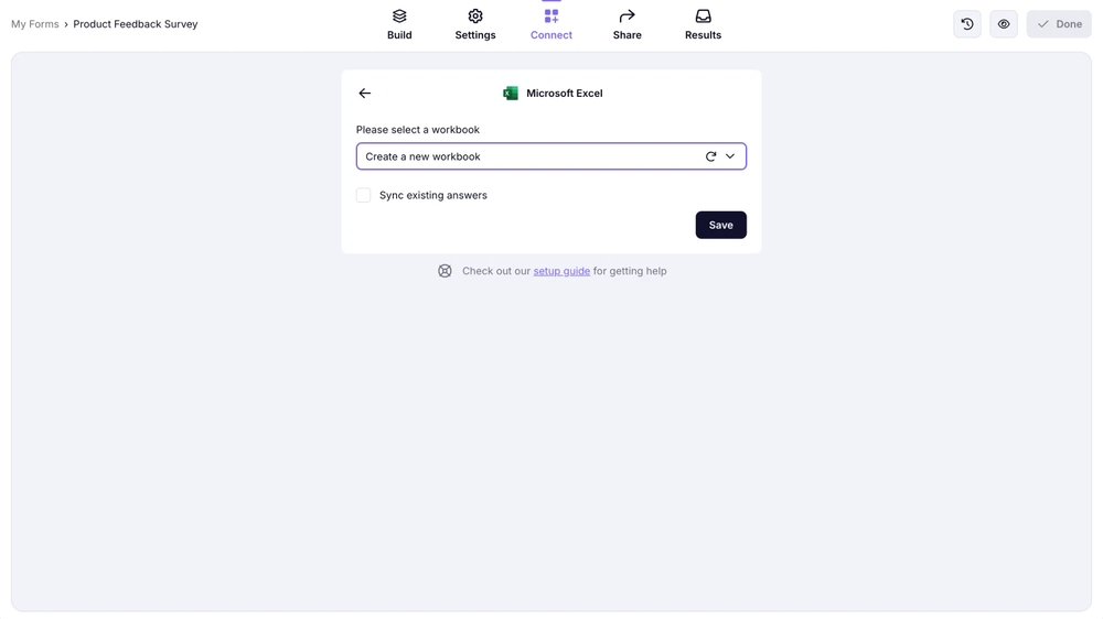 An image showing the “Create a new workbook” option, which you can keep or select an existing workbook for your future responses