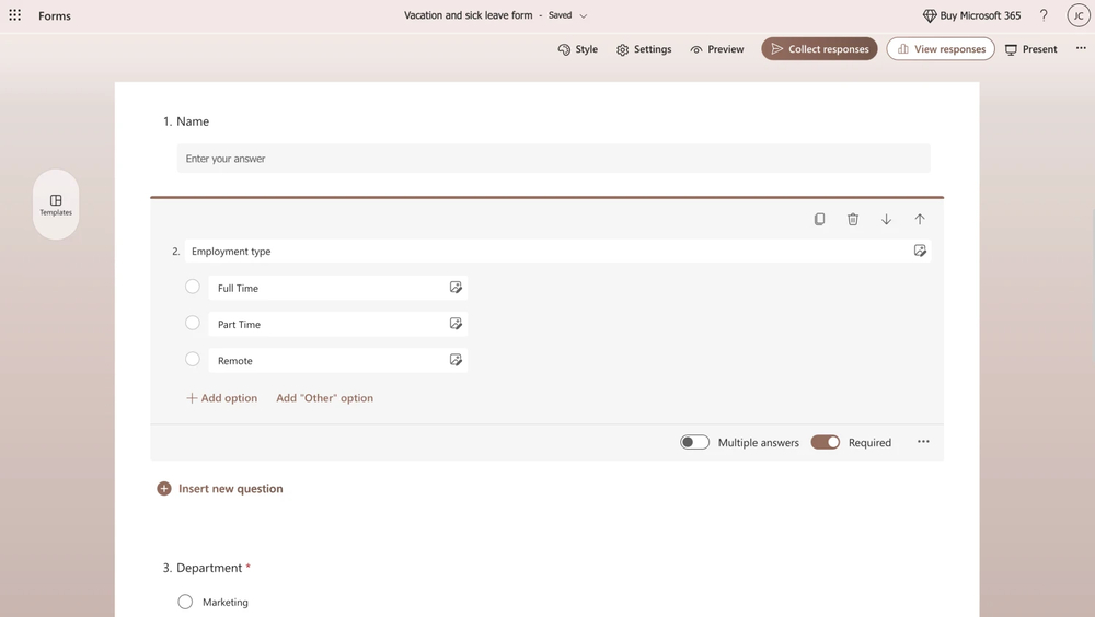 Workspace of Microsoft Forms