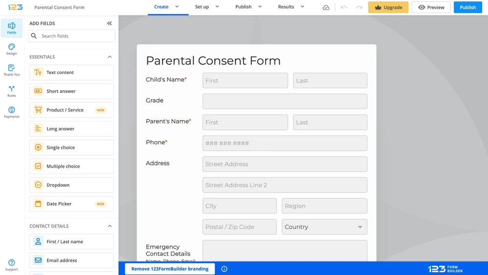 Workspace of 123FormBuilder
