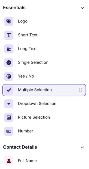 An image showing where the “Multiple Selection” field is located in the field menu from within the “Build” section
