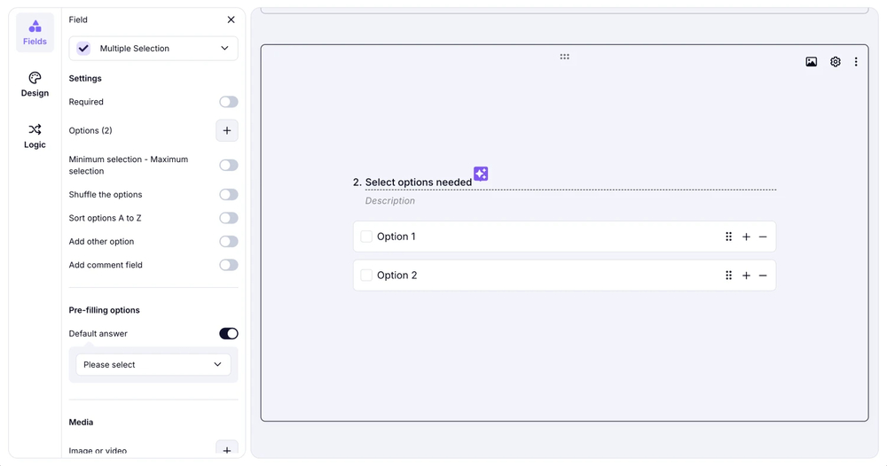 An image showing the settings you can adjust within the “Multiple Selection” field by pressing the “Gear” icon on the field