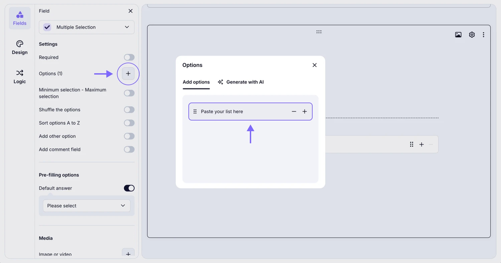 An image showing how you can paste a list of options to your field by opening the field settings