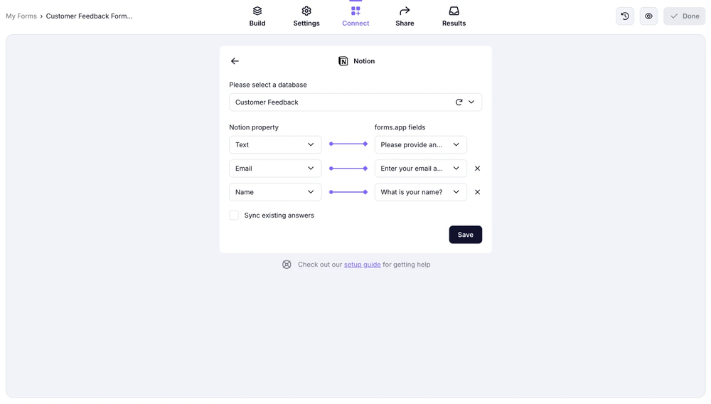 An image showing the integration settings, which allow you to match the Notion properties with your form fields