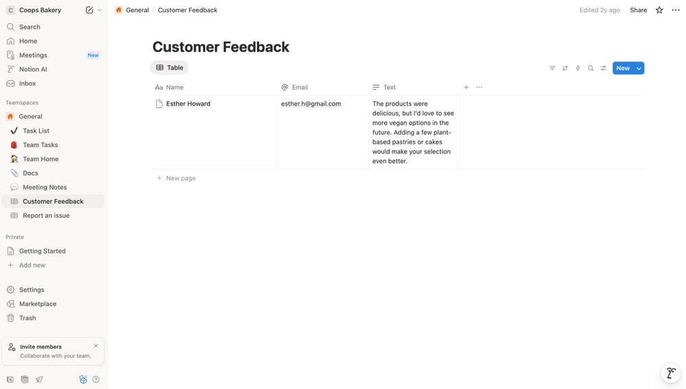 An image showing the Notion platform’s table with received form response data